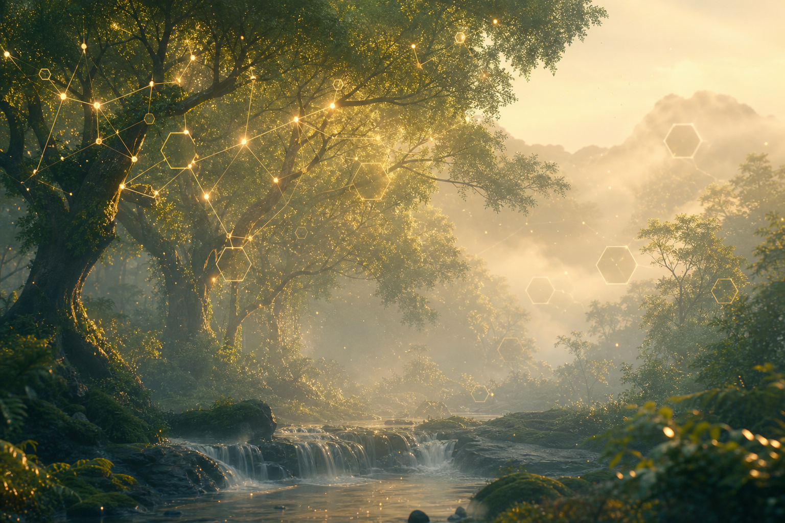 A forest where branches become glowing blockchain nodes