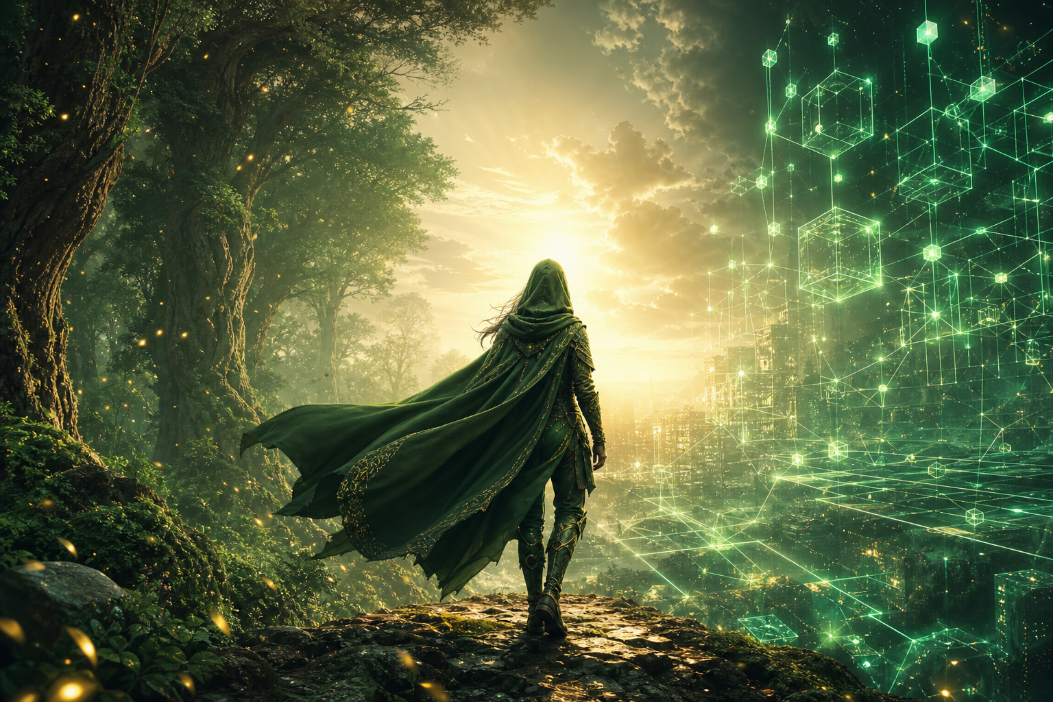 A hooded heroine walking from the ancient forest into a glowing digital realm