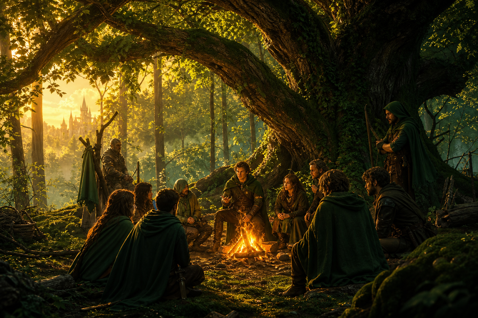 A hidden clearing in Sherwood Forest where villagers gather around a fire